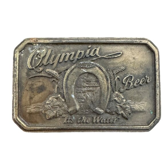 Vintage Olympia Beer Brass Belt Buckle Rectangular Design Embossed Detail Collec - Picture 2 of 11